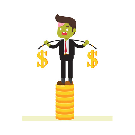 zombie businessman stabilizing on stack of coinのイラスト素材