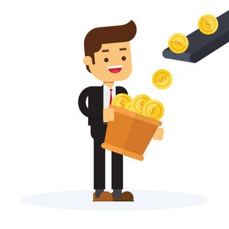 businessman stands in front of money production machineのイラスト素材