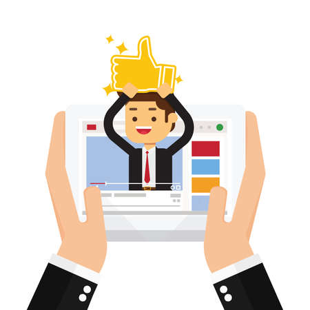 Businessman with golden like is in his video blog on the screenのイラスト素材