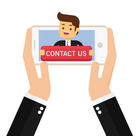 Office Worker Holding Big Contact Us Sign in the phoneのイラスト素材