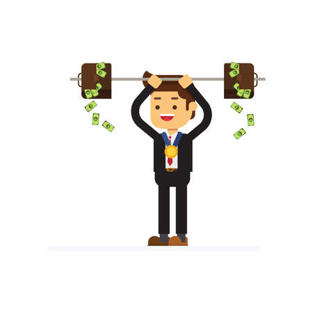 businessman raises a bar-bell with briefcases full of moneyのイラスト素材