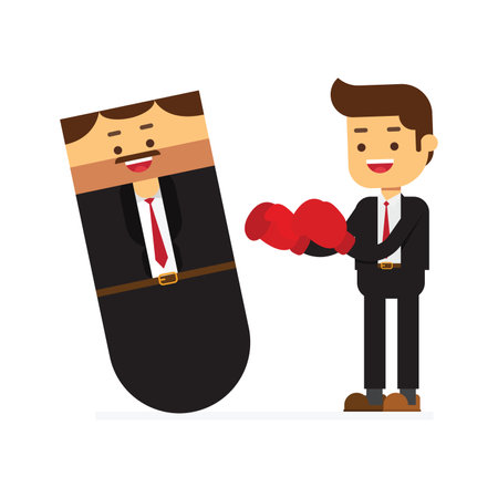 Business man in boxing gloves having a fight with bossのイラスト素材