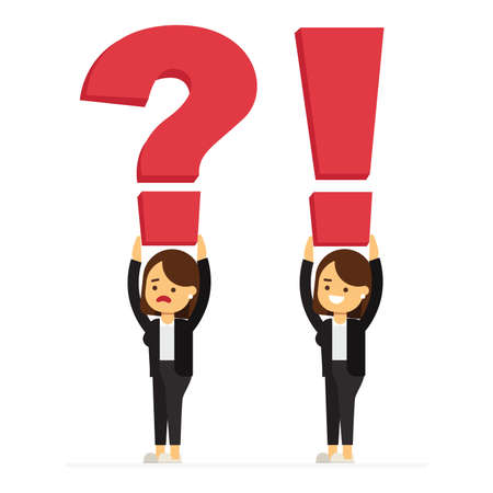 Successful smiling business man with exclamation point. Sad business woman with question markのイラスト素材