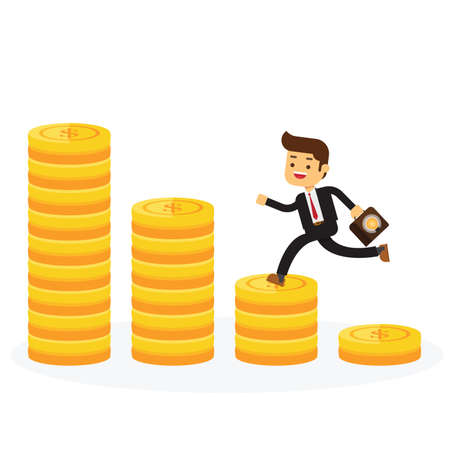Business man step on stack of gold coin with case of idea like ladder of successのイラスト素材