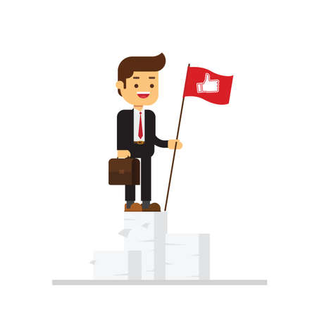 Businessman climbed a mountain of paper documents and set a red flag with sign Thumbs upのイラスト素材