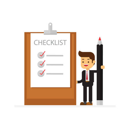 businessman stands next to a giant checklist with a large marker in his handのイラスト素材