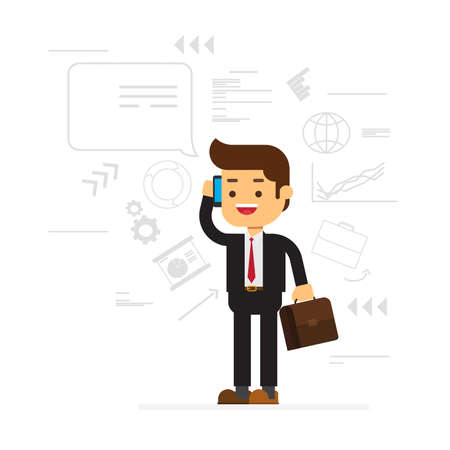 Businessman in formal suit speaking on the phone with office process icons on backgroundのイラスト素材