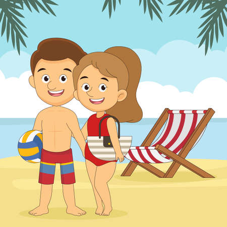 Young man and girl go to travel in summer holiday,Holiday in a beachのイラスト素材