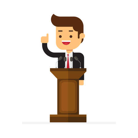 Businessman standing behind rostrum and giving a speechのイラスト素材