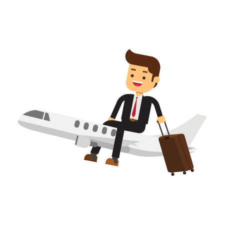 businessman with suitcase sit on top of airplaneのイラスト素材