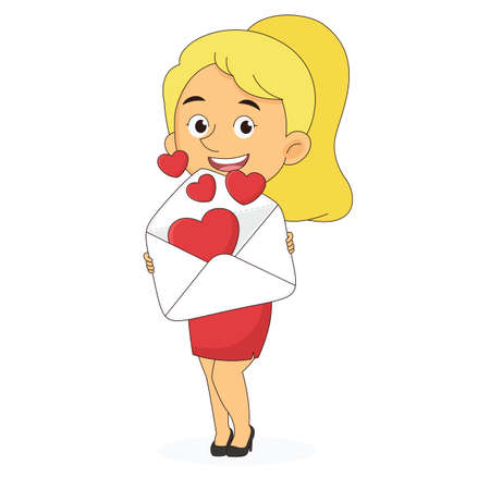 Young girl with hearts envelope,Happy valentine dayのイラスト素材