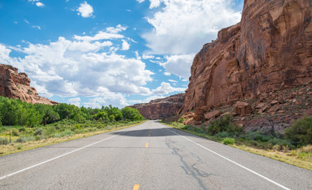 A panoramic road view ito Canyonlands National Park in Utahの写真素材