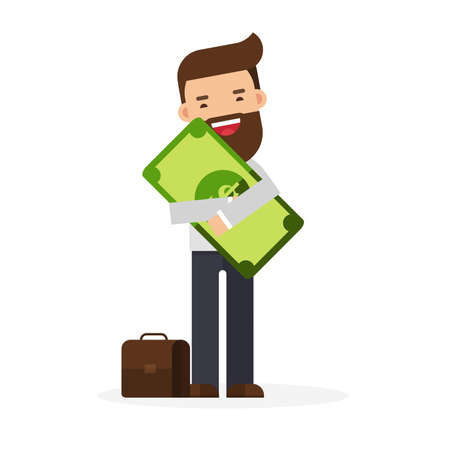 businessman standing holding and hugging in his arms big cash money pack bundleのイラスト素材