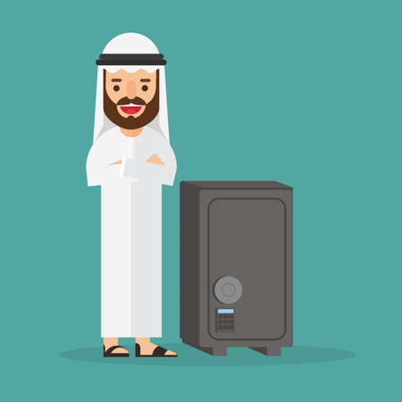 Arabic businessman character standing next safety safe boxのイラスト素材