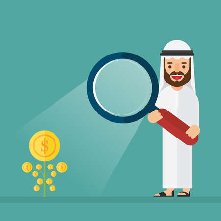 Arabic businessman giving light to his money plant with magnify glassのイラスト素材