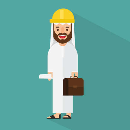 Arab businessman with briefcase and building project rollsのイラスト素材