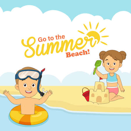 Summer holiday,Little kids playing on the beach,Holiday in a beachのイラスト素材
