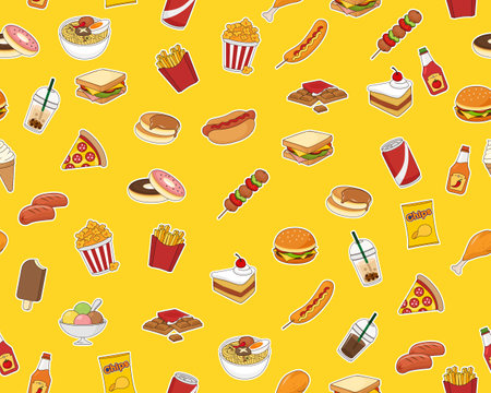 Vector flat seamless texture pattern Fast foodのイラスト素材