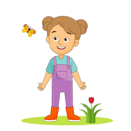 Happy Spring kids playing outdoorのイラスト素材