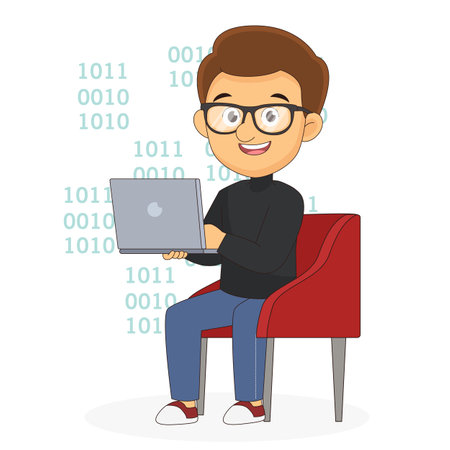 Binary Coding Happy Programmer Man with Laptopのイラスト素材