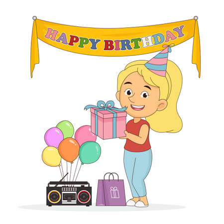 Happy birthday girl with elements clipart vectorのイラスト素材