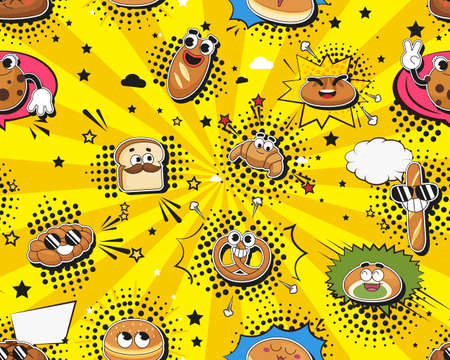 Vector flat seamless texture pattern Hand drawn flat trendy cartoon elements collection Breadのイラスト素材