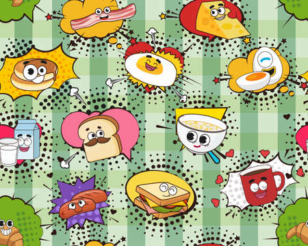 Vector flat seamless texture pattern Hand drawn flat trendy cartoon elements collection Breakfastのイラスト素材