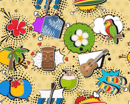 Vector flat seamless texture pattern Hand drawn flat trendy cartoon elements collection Aloha Hawaiianのイラスト素材