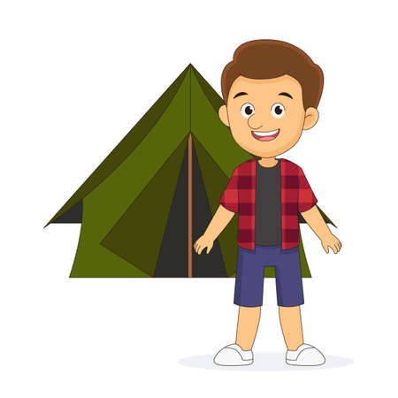 Young man in front a camping tentのイラスト素材