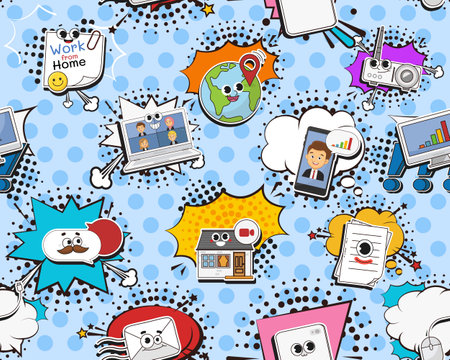 Vector flat seamless texture pattern Hand drawn flat trendy cartoon elements collection Work from homeのイラスト素材