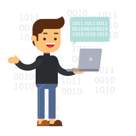 Binary Coding Happy Programmer Man with Laptopのイラスト素材