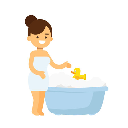 Beautiful Girl Wash In Bath. Washing Woman In Foam.のイラスト素材