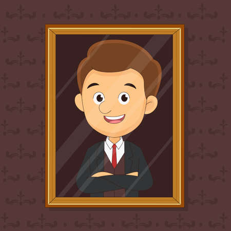 Happy and young man with arms up cartoon profile over stripe and vintageのイラスト素材