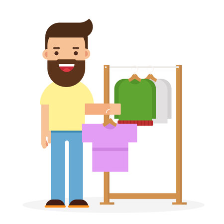Young man chooses clothes on hanger on shoppingのイラスト素材