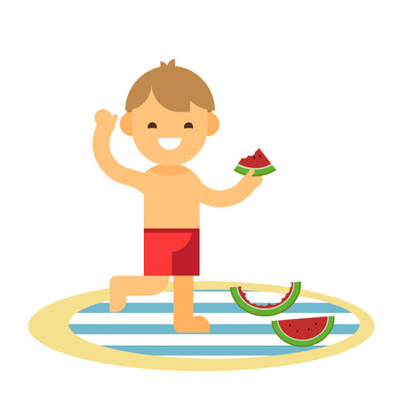 Little Young Girl Eating Watermelon in summer seasonのイラスト素材