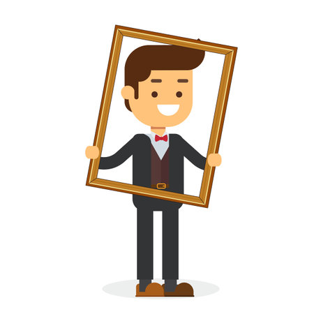 Happy and young man with arms up cartoon profile over stripe and vintageのイラスト素材