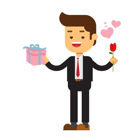 Young man holding flower bouquet wait for loverのイラスト素材