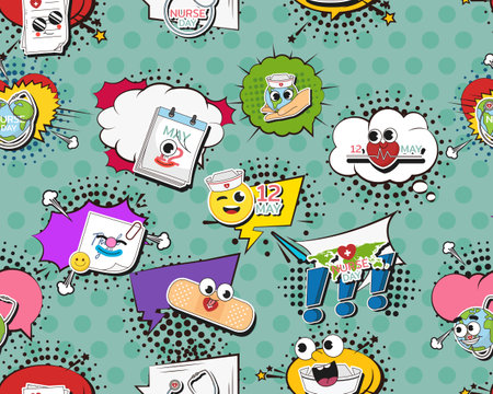 Vector flat seamless texture pattern Hand drawn flat trendy cartoon elements collection Nurse Dayのイラスト素材
