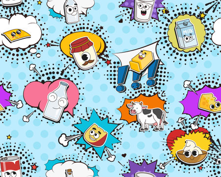 Vector flat seamless texture pattern Hand drawn flat trendy cartoon elements collection Milk dairy productのイラスト素材