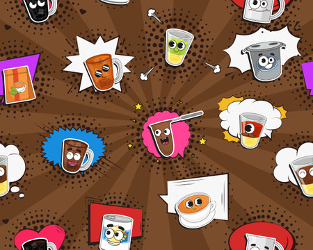 Vector flat seamless texture pattern Hand drawn flat trendy cartoon elements collection Milk Tea Teh Tarikのイラスト素材