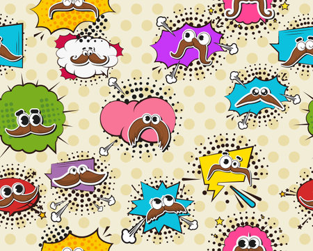 Vector flat seamless texture pattern Hand drawn flat trendy cartoon elements collection Mustachesのイラスト素材
