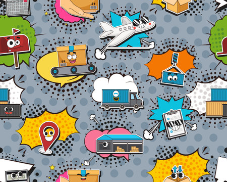 Vector flat seamless texture pattern Hand drawn flat trendy cartoon elements collection Logisticsのイラスト素材