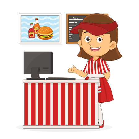 Fast food waitress holding a tray with burgerのイラスト素材
