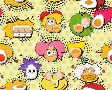 Vector flat seamless texture pattern Hand drawn flat trendy cartoon elements collection Farm fresh eggsのイラスト素材