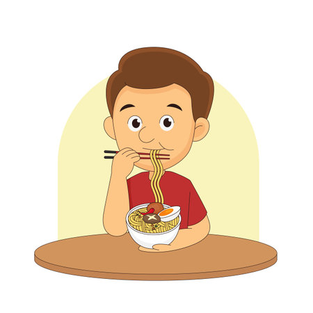 Young Man eating instant noodleのイラスト素材