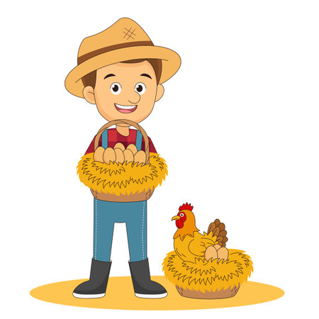 Young Man Farmer with chicken and eggのイラスト素材