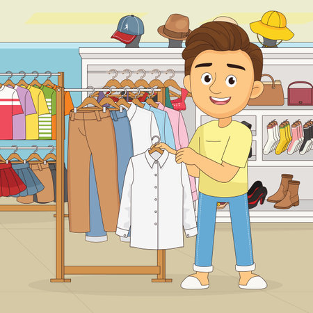 Young man chooses clothes on hanger on shoppingのイラスト素材