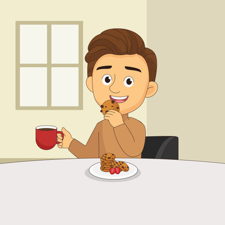 Happy boy sitting at the table and eating cookiesのイラスト素材