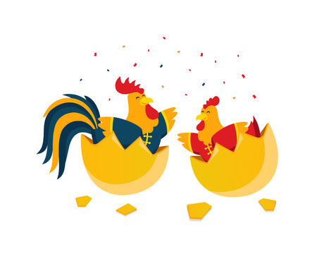 Chinese New Year 2017, Rooster Couple Character Illustration in Various Activities.のイラスト素材
