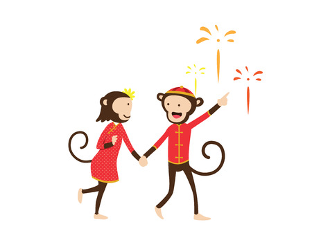 Chinese New Year 2016, Monkey Couple Character Illustration in Various Activitiesのイラスト素材